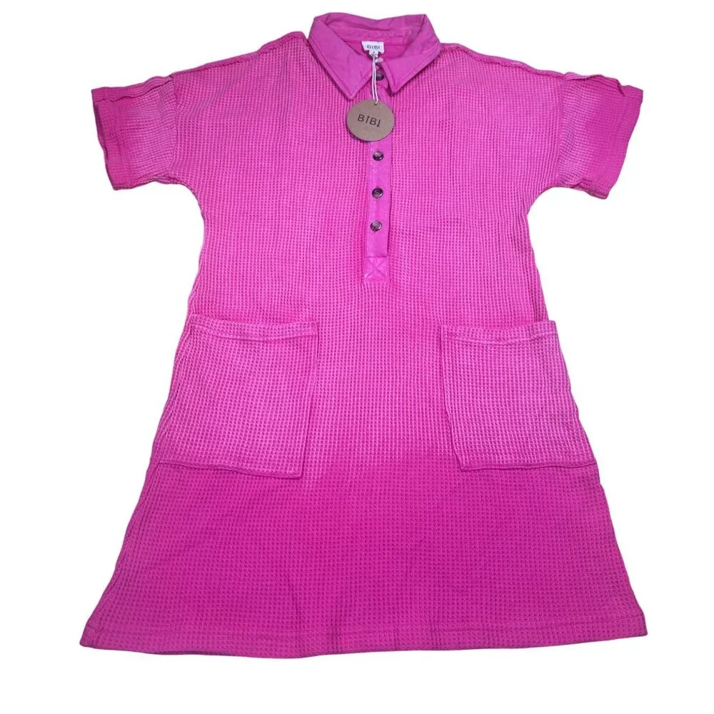 Women’s Waffle Knit Button-Up Mini Dress Pink Short Sleeve Size M NWT - Picture 4 of 8
